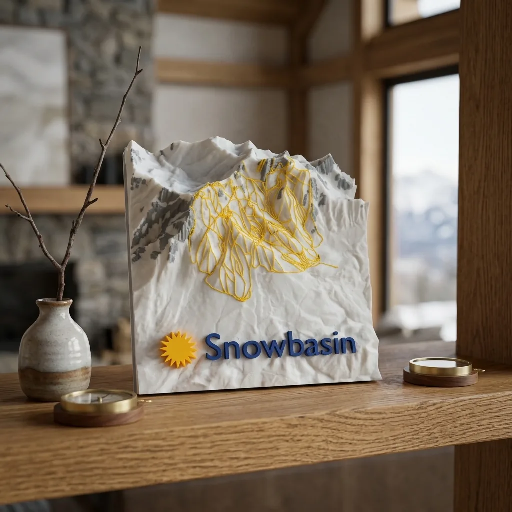 White 3D topographic sculpture of Snowbasin standing on a wooden cabin shelf, yellow raised ski runs, yellow sun logo and blue Snowbasin lettering, stone fireplace and snowy window in the background.