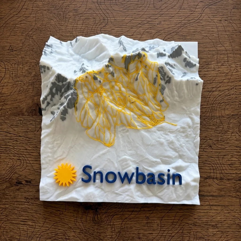 Top-down photograph of the Snowbasin sculpture on a wood surface, showing yellow raised ski runs, grey rock areas, and the raised Snowbasin name.
