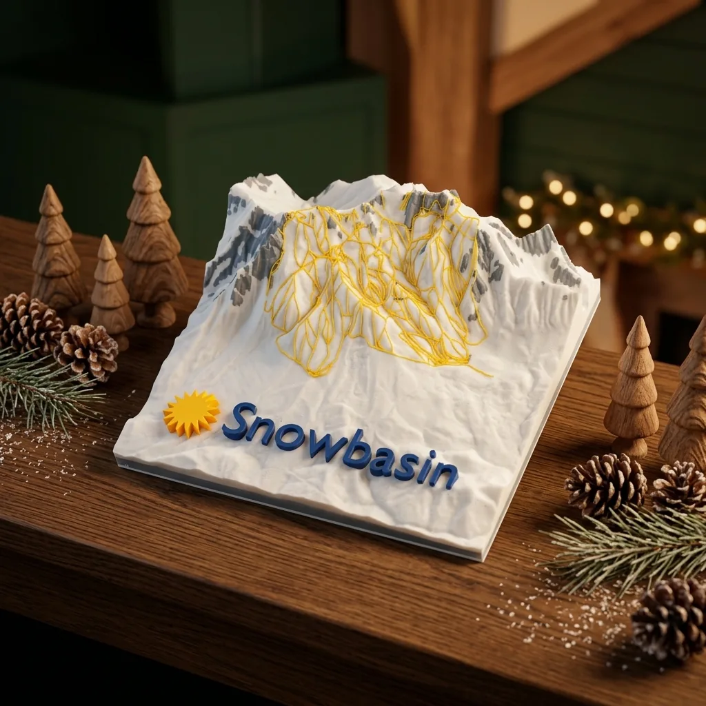 Snowbasin topographic sculpture lying flat on a wooden table, surrounded by small wooden trees, pinecones, and warm string lights.