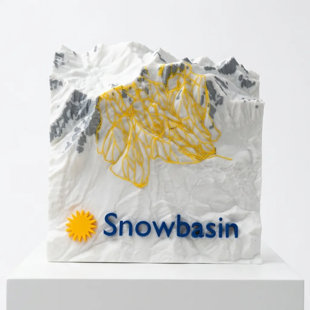 White 3D topographic sculpture of Snowbasin standing upright on a white pedestal against a white studio background, with yellow raised ski runs, grey rock, a yellow sun logo, and blue Snowbasin lettering.